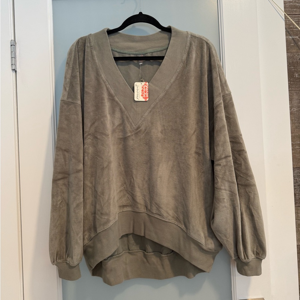 Free People Movement Velvet Olive Green V-Neck Long Bubble Sleeve Sweatshirt (S)
